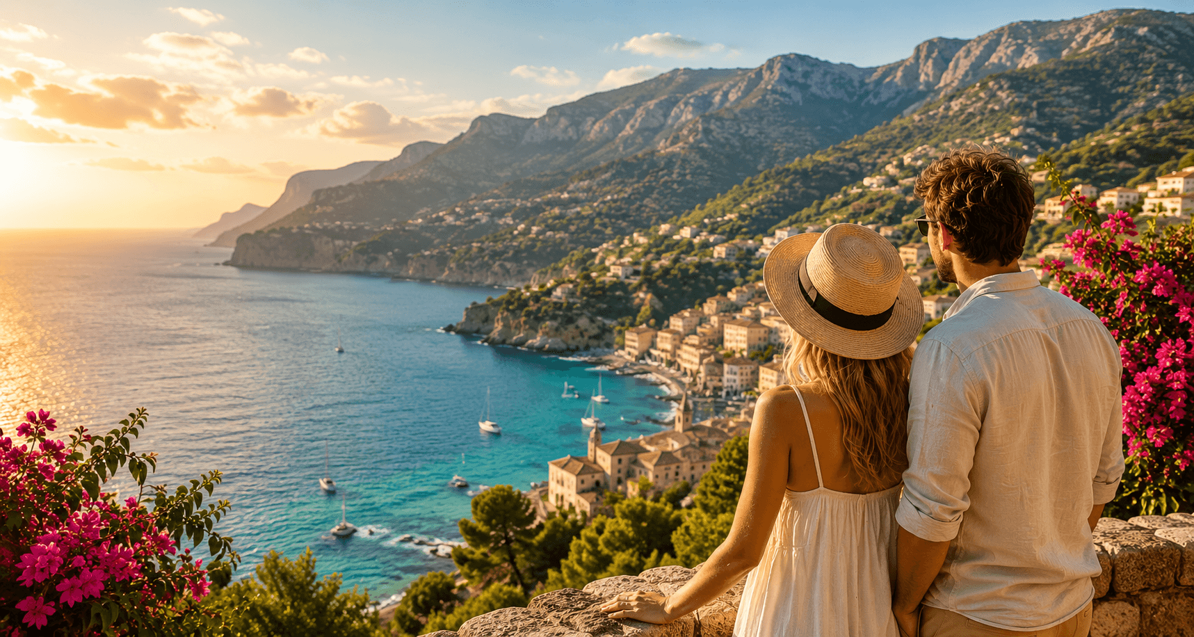 Paar mit Blick auf eine mediterrane Bucht auf Mallorca