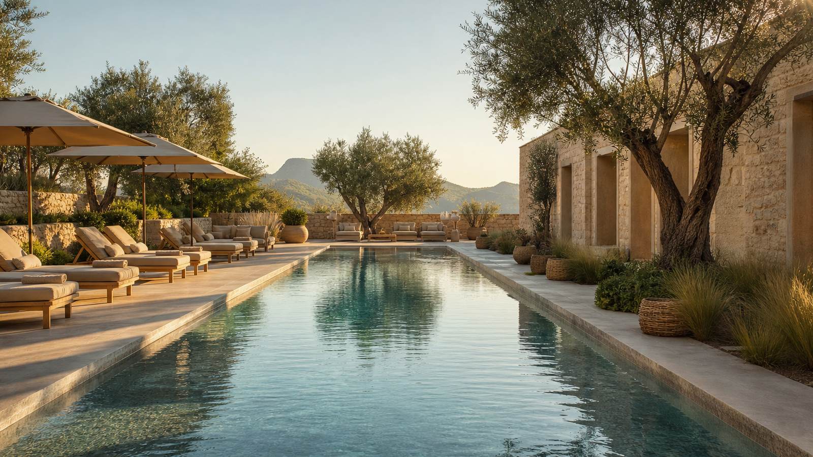 KI-generiertes Mallorca-Stimmungsbild eines mediterranen Hotel-Außenbereichs für den Hotelcheck des 07 Colombo in L´Illot-Cala Morlanda