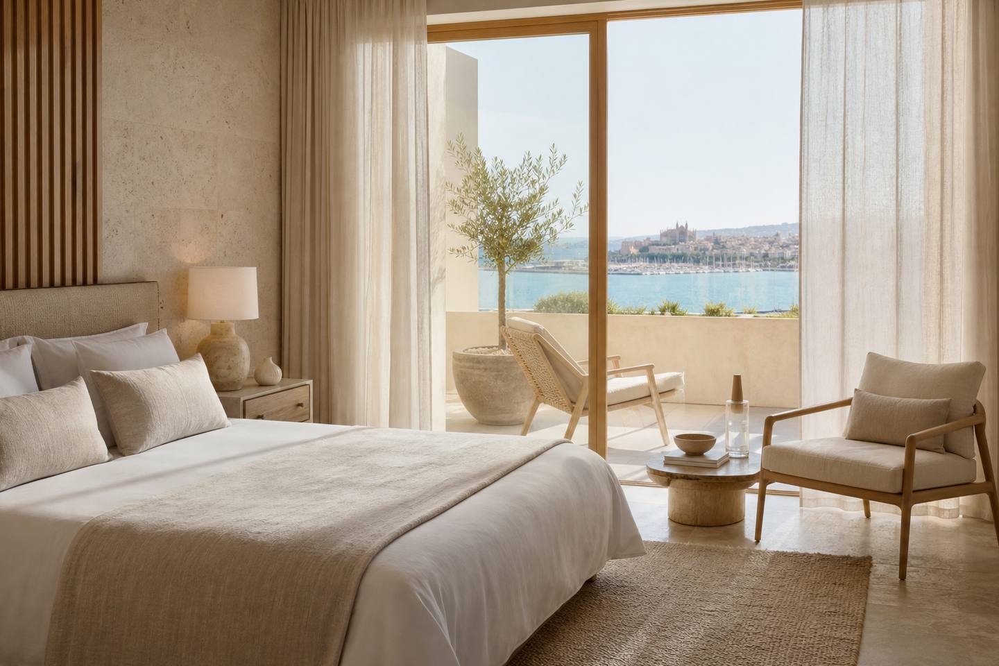 KI-generiertes redaktionelles Stimmungsbild eines mediterranen Hotelzimmers für den Hotelcheck des Aethos Mallorca in Peguera