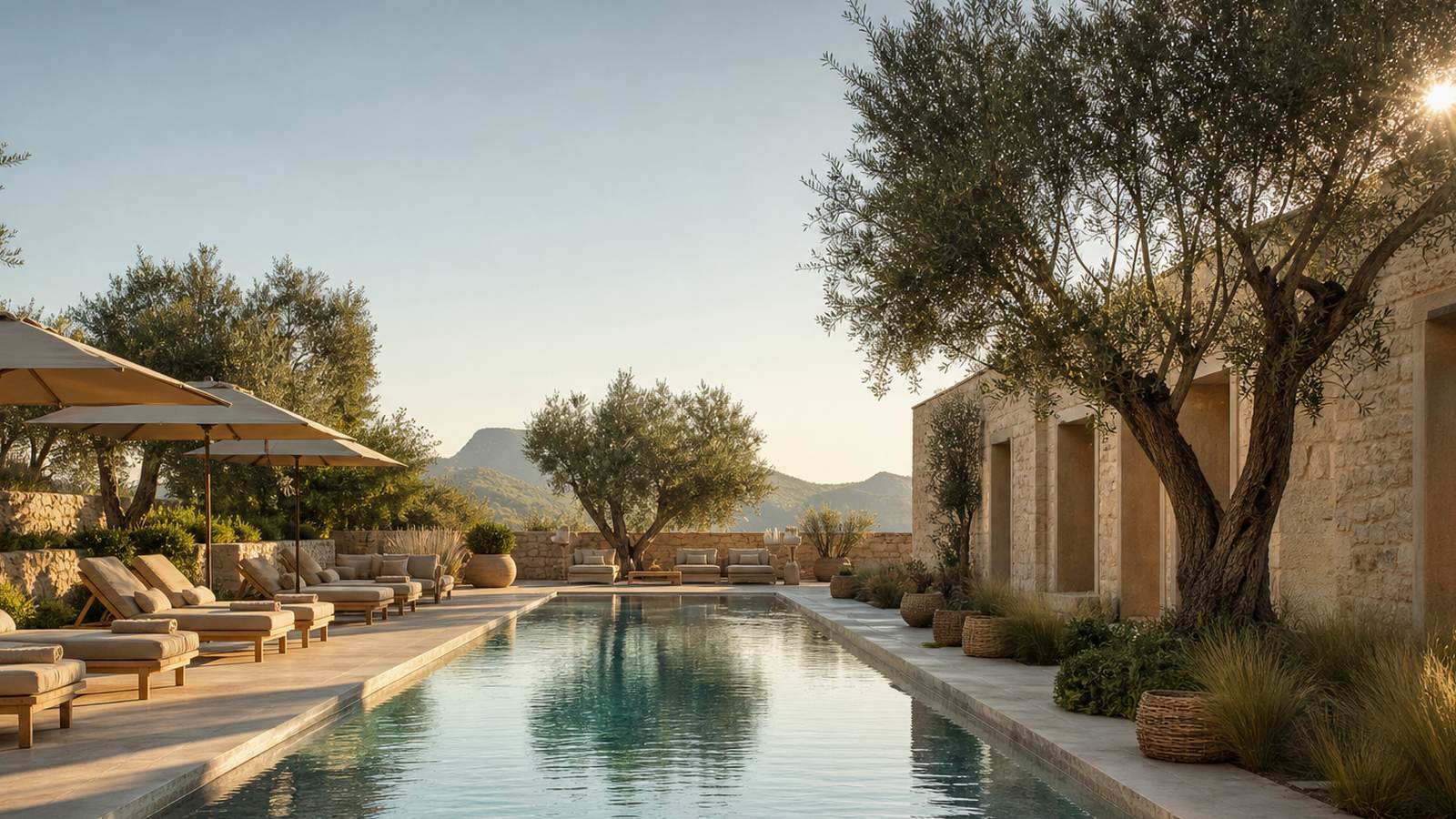 KI-generiertes Mallorca-Stimmungsbild eines mediterranen Hotel-Außenbereichs für den Hotelcheck des AGROTURISMO CORAZÓN in Sóller