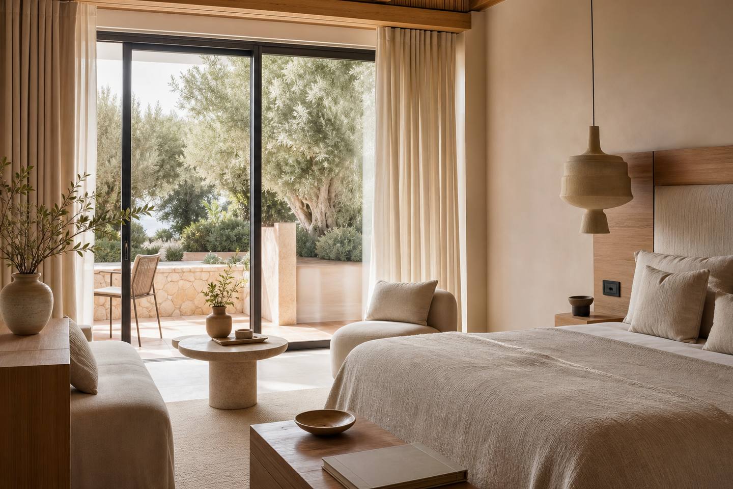 KI-generiertes redaktionelles Stimmungsbild eines mediterranen Hotelzimmers für den Hotelcheck des AGROTURISMO CORAZÓN in Sóller