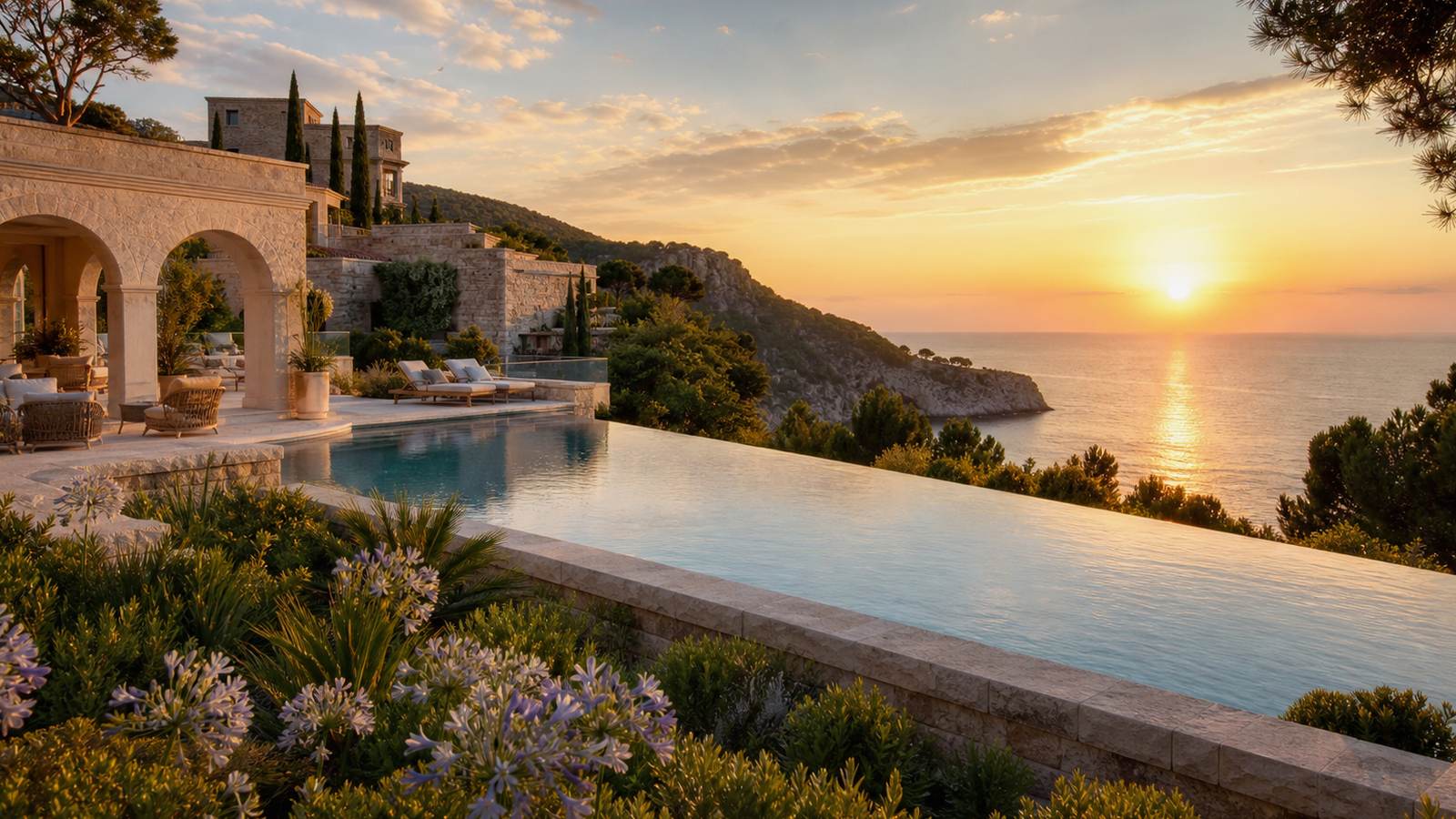 KI-generiertes Mallorca-Stimmungsbild eines mediterranen Hotel-Außenbereichs für den Hotelcheck des AIMIA in Port (El)