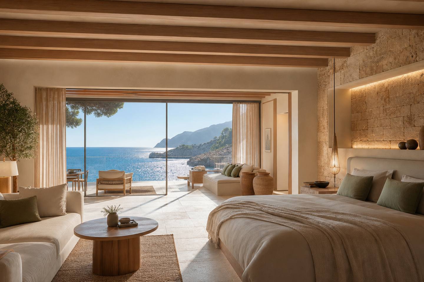 KI-generiertes redaktionelles Stimmungsbild eines mediterranen Hotelzimmers für den Hotelcheck des AIMIA in Port (El)