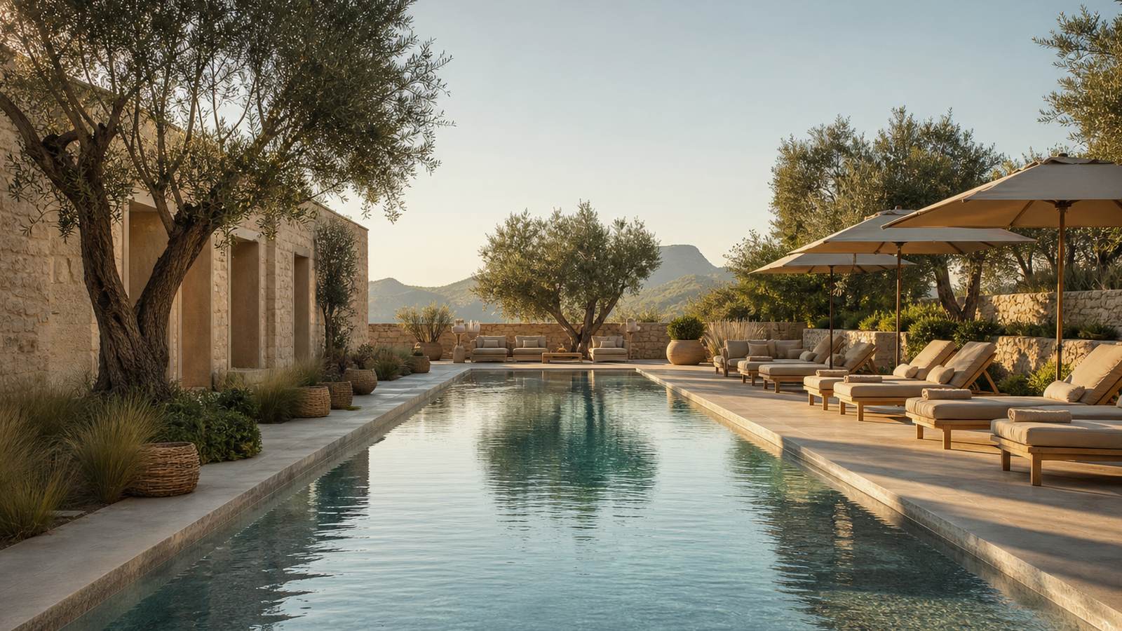 KI-generiertes Mallorca-Stimmungsbild eines mediterranen Hotel-Außenbereichs für den Hotelcheck des ALARÓ NATURA RURAL SUITES in Alaró