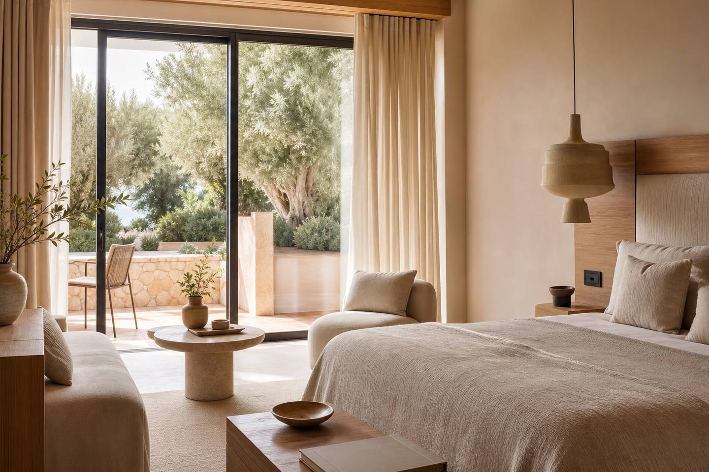 KI-generiertes redaktionelles Stimmungsbild eines mediterranen Hotelzimmers für den Hotelcheck des ALARÓ NATURA RURAL SUITES in Alaró