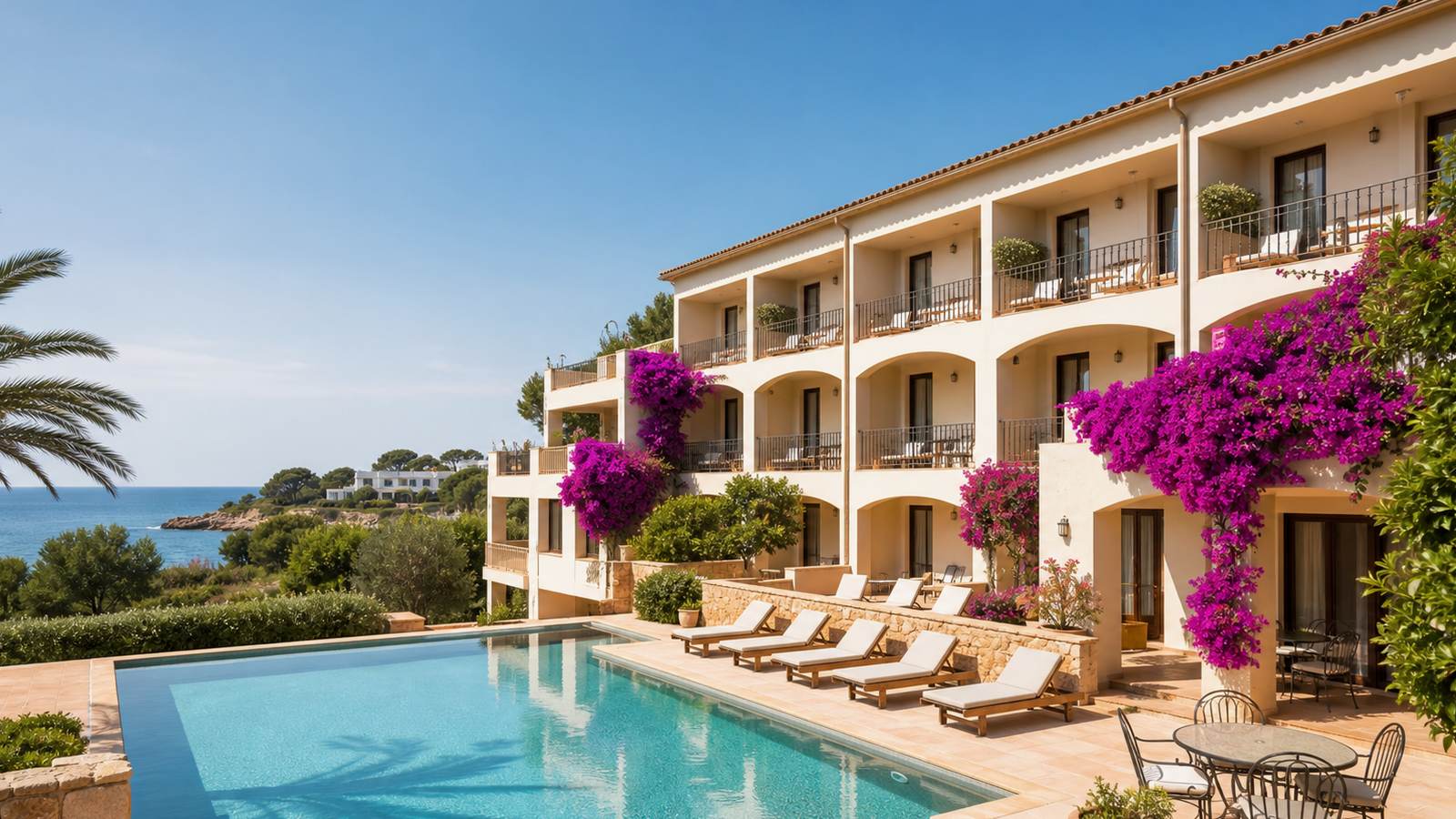KI-generiertes Mallorca-Stimmungsbild eines mediterranen Hotel-Außenbereichs für den Hotelcheck des ALBA in Cala D´Or