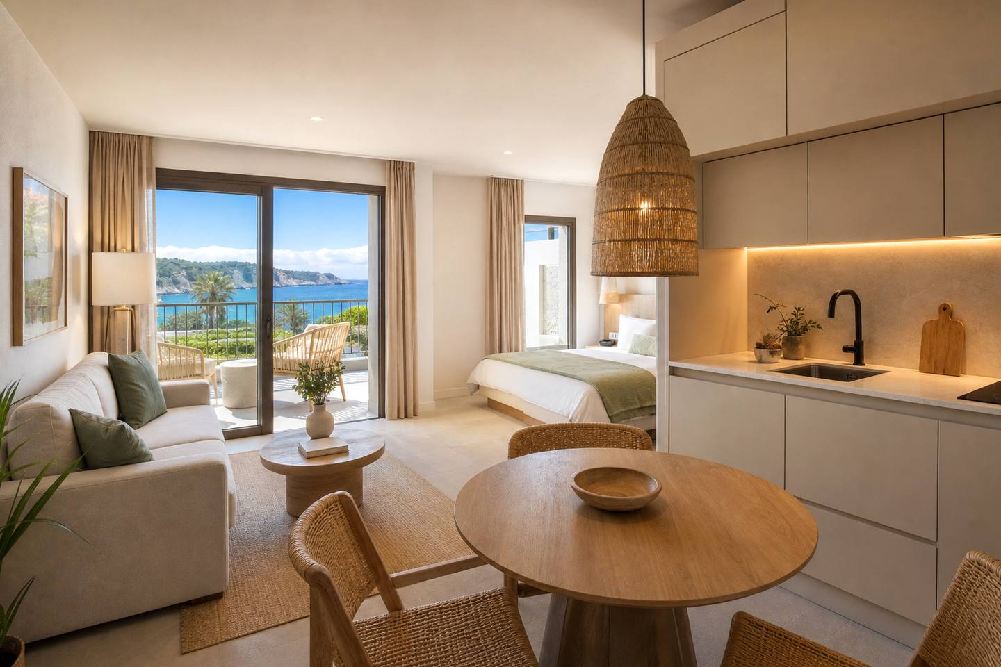 KI-generiertes redaktionelles Stimmungsbild eines mediterranen Hotelzimmers für den Hotelcheck des ALBA in Cala D´Or