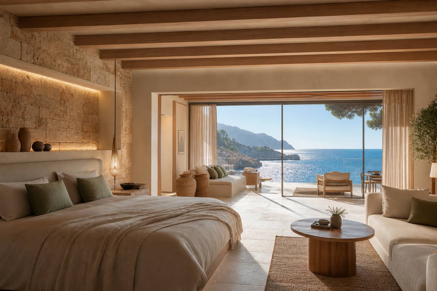 KI-generiertes redaktionelles Stimmungsbild eines mediterranen Hotelzimmers für den Hotelcheck des Alcázar Hotel Sóller in Sóller