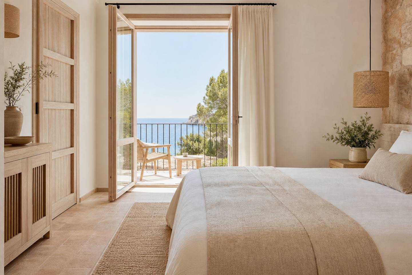 KI-generiertes redaktionelles Stimmungsbild eines mediterranen Hotelzimmers für den Hotelcheck des Alua Calas de Mallorca Resort in Cales De Mallorca