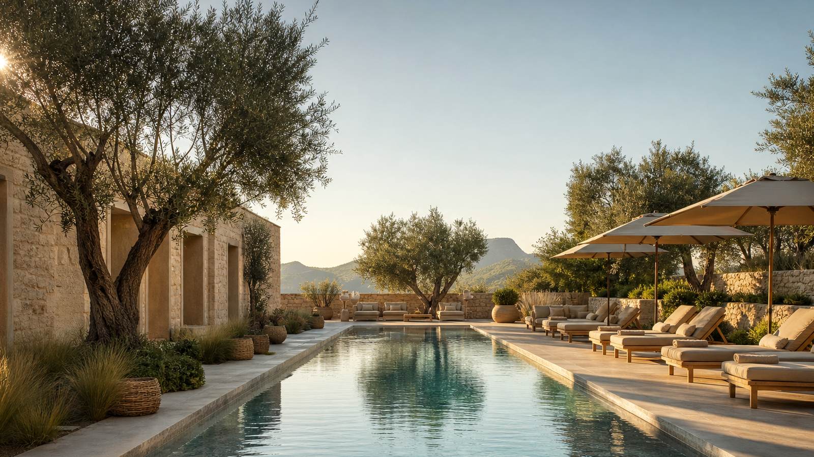 KI-generiertes Mallorca-Stimmungsbild eines mediterranen Hotel-Außenbereichs für den Hotelcheck des AMAPOLA in Platja De Muro