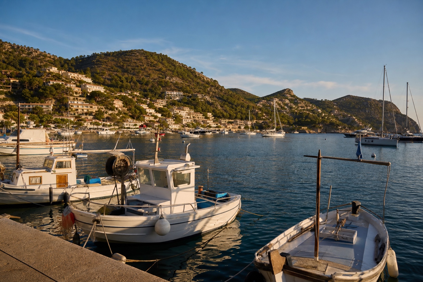 KI-generiertes Stimmungsbild von Port d’Andratx mit Fischerbooten und Naturhafen
