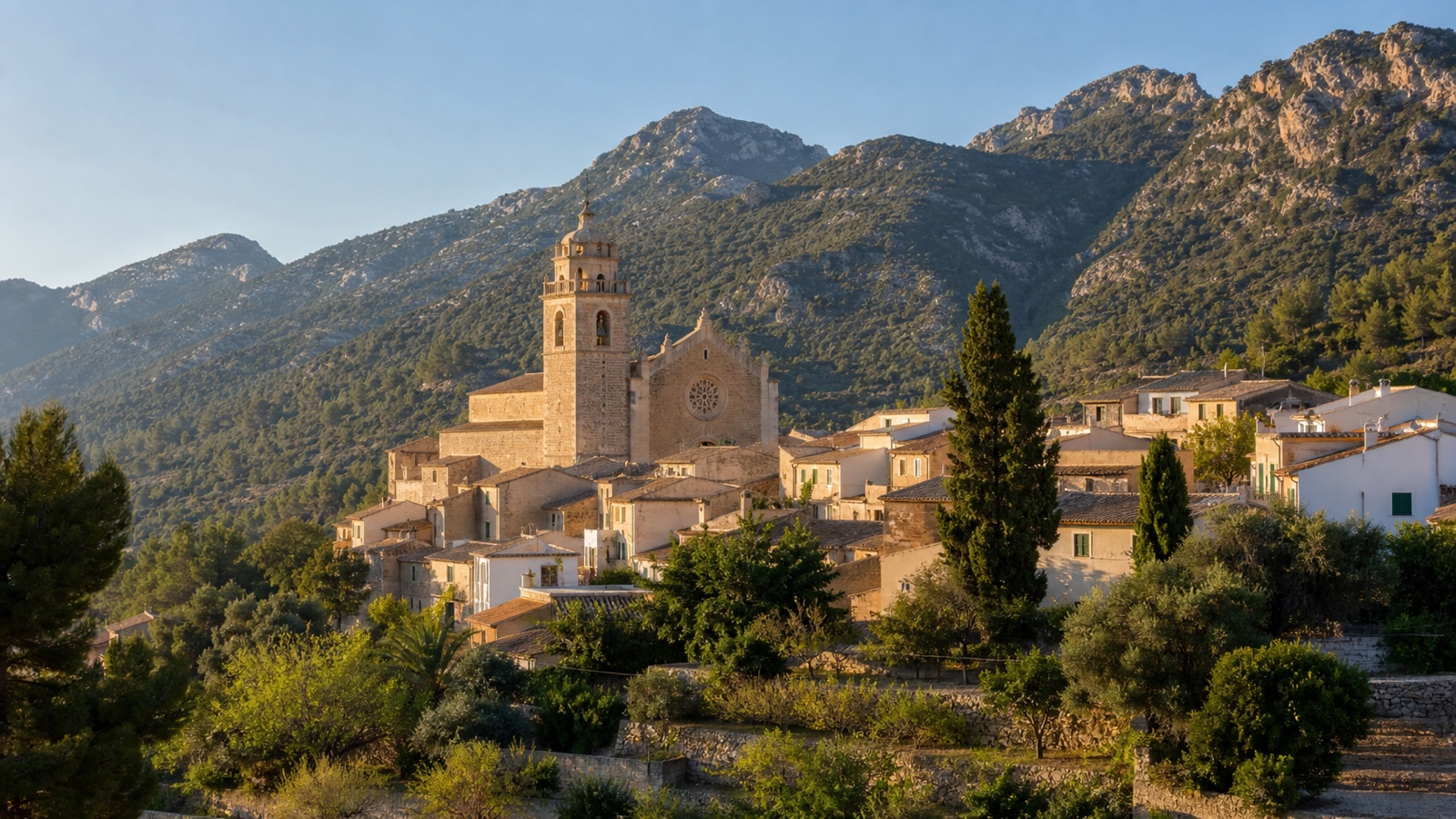 KI-generiertes Stimmungsbild des historischen Kernorts Andratx vor den Bergen der Serra de Tramuntana