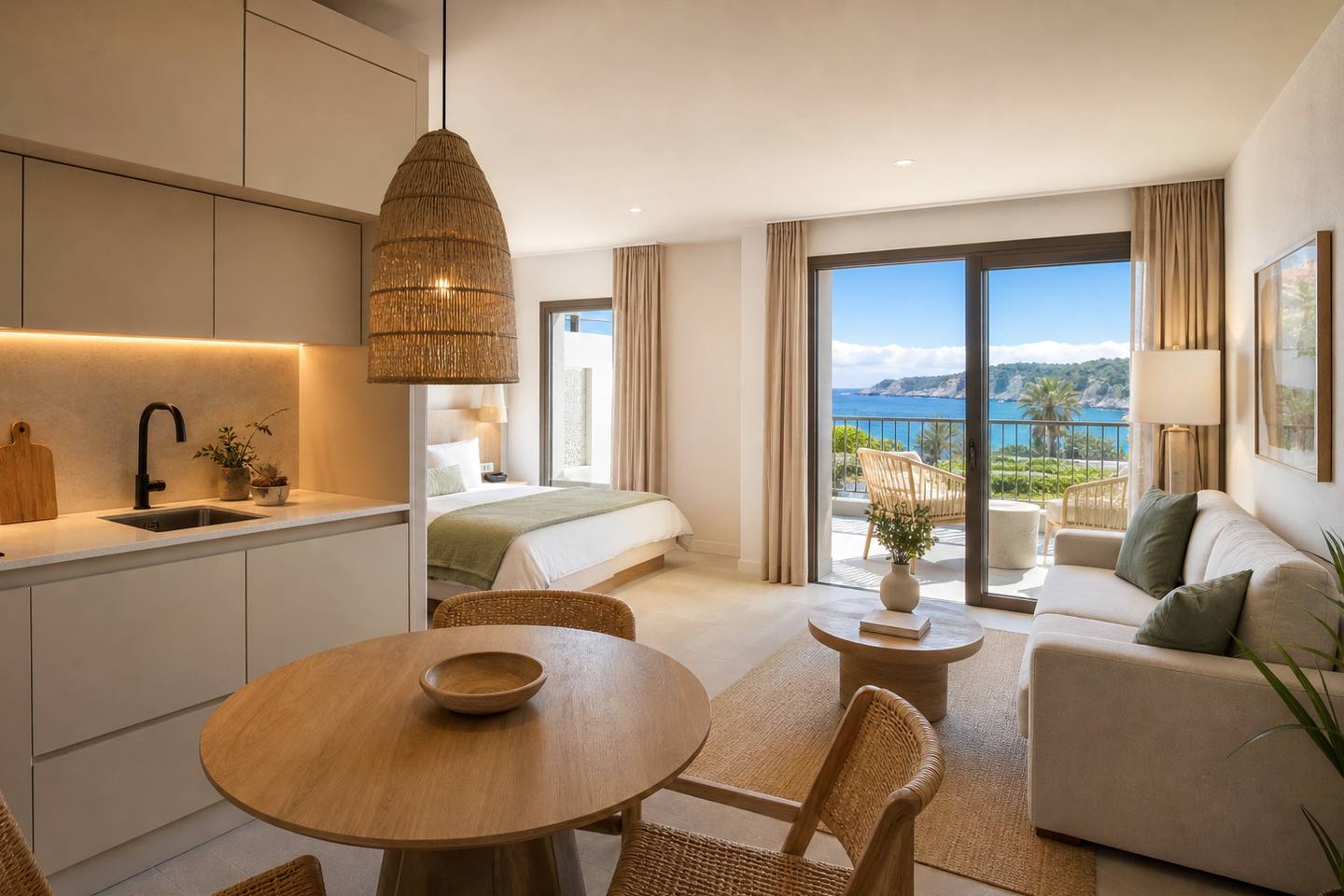 KI-generiertes redaktionelles Stimmungsbild eines mediterranen Hotelzimmers für den Hotelcheck des AQUASOL in Palmanova