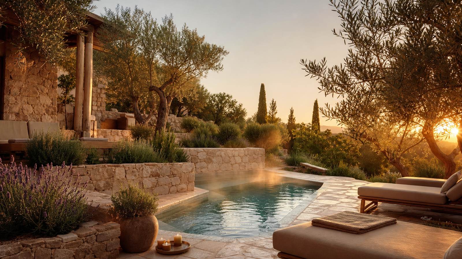 KI-generiertes Mallorca-Stimmungsbild eines mediterranen Hotel-Außenbereichs für den Hotelcheck des BAHIA DEL ESTE in Cala Millor