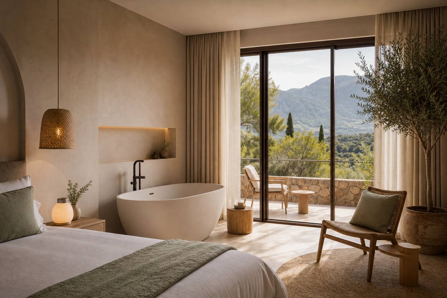 KI-generiertes redaktionelles Stimmungsbild eines mediterranen Hotelzimmers für den Hotelcheck des BAHIA DEL ESTE in Cala Millor