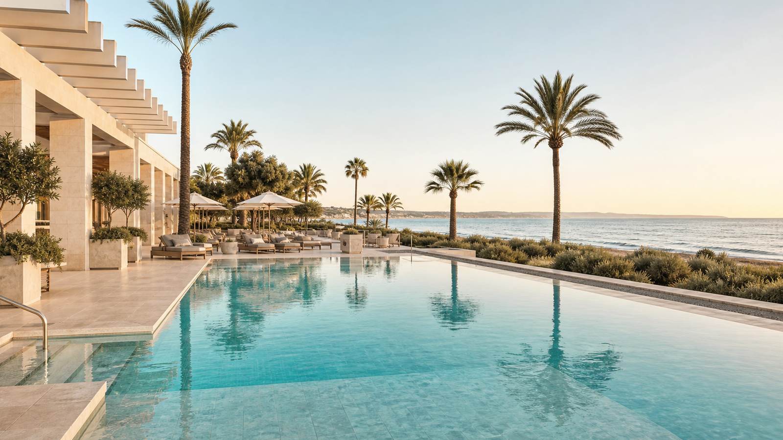 KI-generiertes Mallorca-Stimmungsbild eines mediterranen Hotel-Außenbereichs für den Hotelcheck des Barceló Ponent Beach in Cala Ferrera