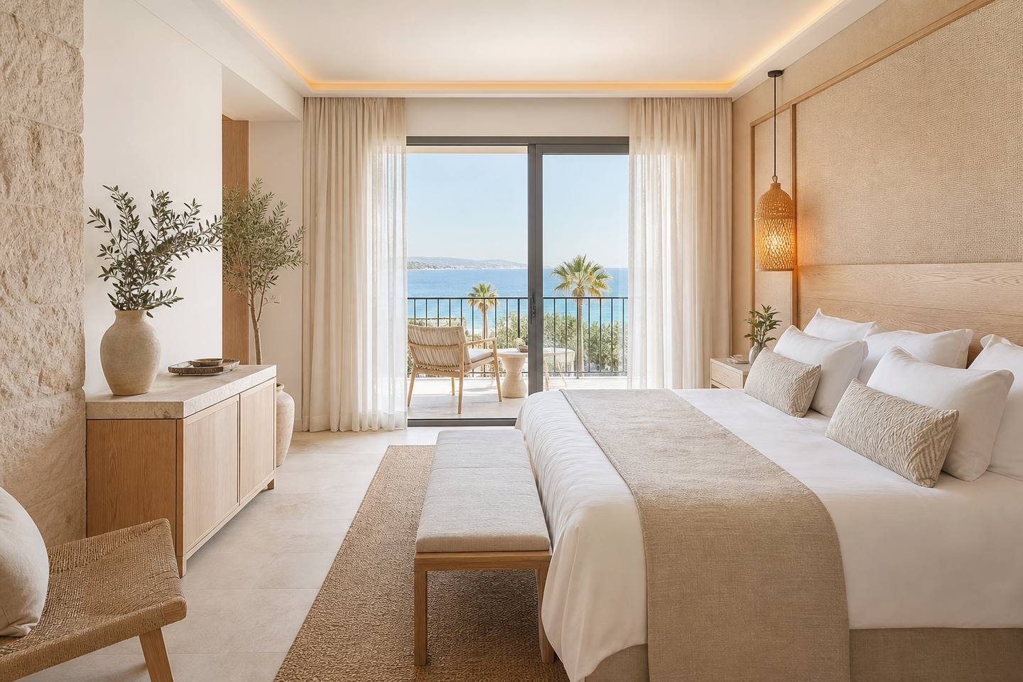 KI-generiertes redaktionelles Stimmungsbild eines mediterranen Hotelzimmers für den Hotelcheck des Barceló Ponent Beach in Cala Ferrera