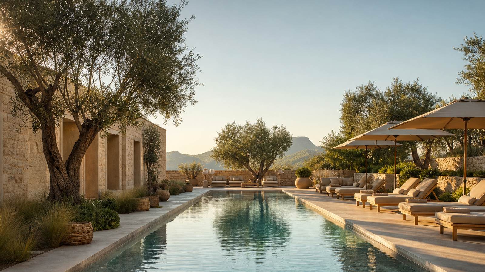 KI-generiertes Mallorca-Stimmungsbild eines mediterranen Hotel-Außenbereichs für den Hotelcheck des BE LIVE ADULTS ONLY LA CALA in Cala Major