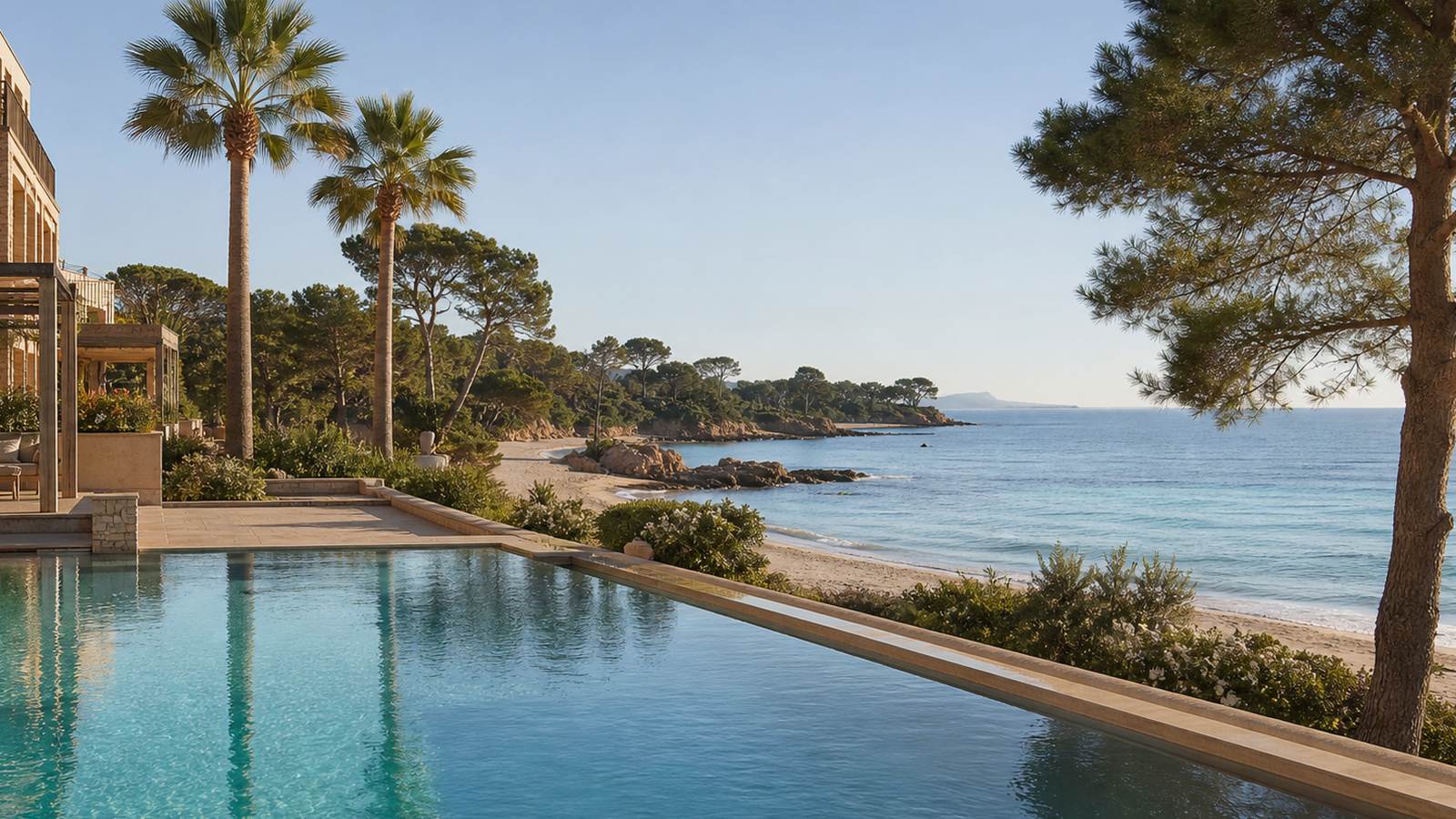 KI-generiertes Mallorca-Stimmungsbild eines mediterranen Hotel-Außenbereichs für den Hotelcheck des BELLA PLAYA & SPA in Cala Rajada