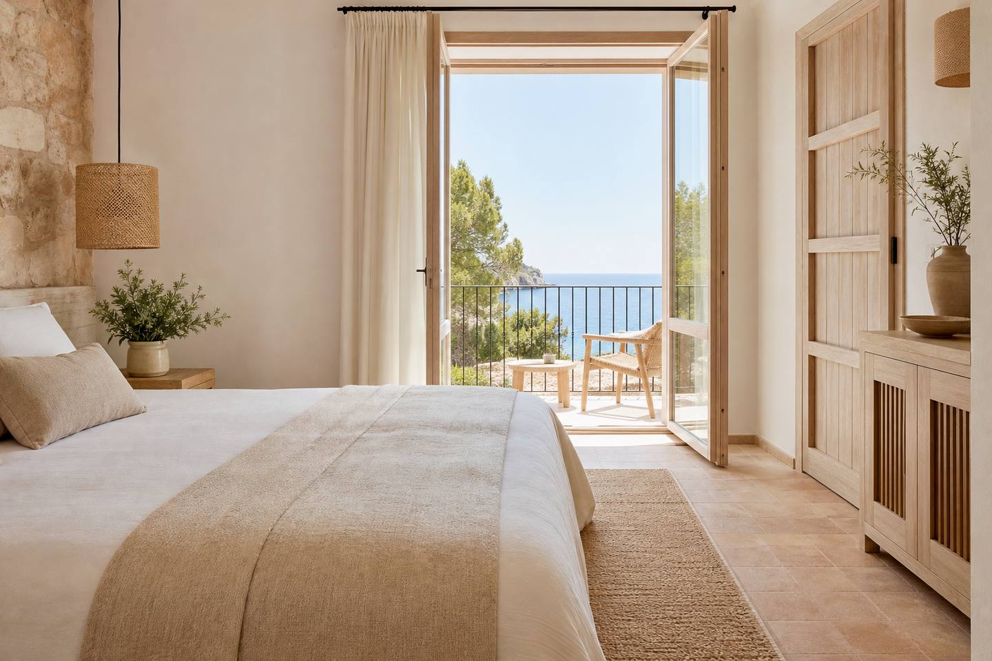KI-generiertes redaktionelles Stimmungsbild eines mediterranen Hotelzimmers für den Hotelcheck des BELLA PLAYA & SPA in Cala Rajada