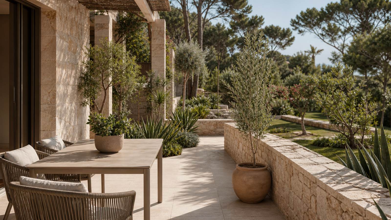 KI-generiertes Mallorca-Stimmungsbild eines mediterranen Hotel-Außenbereichs für den Hotelcheck des BLAU PUNTA REINA CLUB in Cala Anguila-Cala Mendia