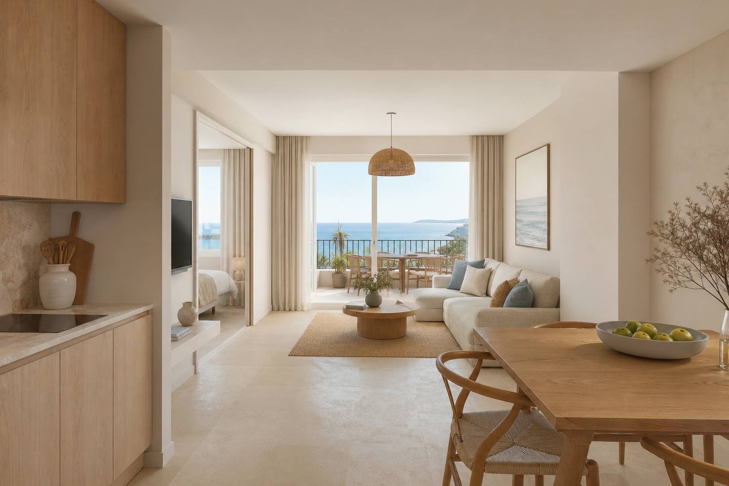 KI-generiertes redaktionelles Stimmungsbild eines mediterranen Hotelzimmers für den Hotelcheck des BLAU PUNTA REINA CLUB in Cala Anguila-Cala Mendia