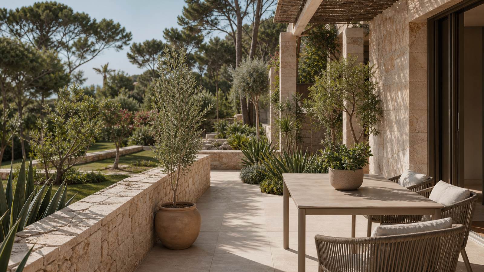 KI-generiertes Mallorca-Stimmungsbild eines mediterranen Hotel-Außenbereichs für den Hotelcheck des BLUE SEA CLUB MARTHA´S in Cala D´Or