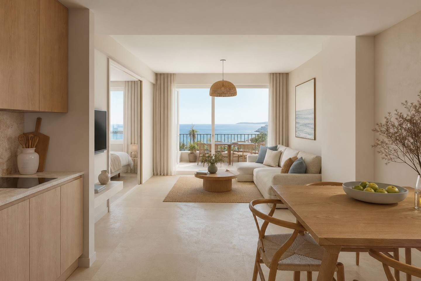 KI-generiertes redaktionelles Stimmungsbild eines mediterranen Hotelzimmers für den Hotelcheck des BLUE SEA CLUB MARTHA´S in Cala D´Or