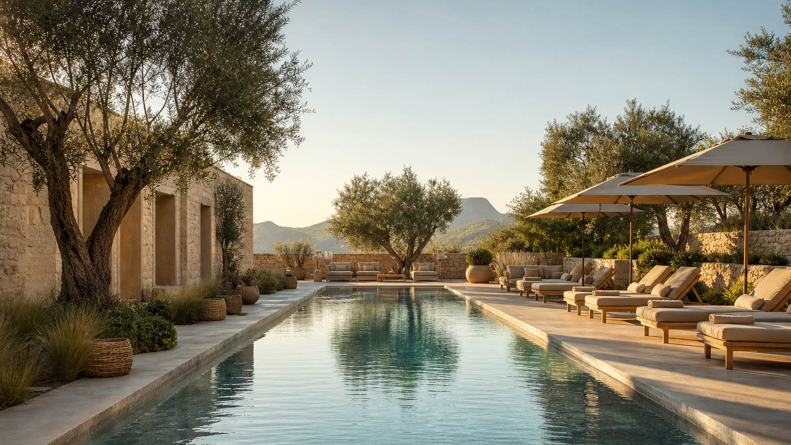 KI-generiertes Mallorca-Stimmungsbild eines mediterranen Hotel-Außenbereichs für den Hotelcheck des BONSOL in Cas Català-Illetes