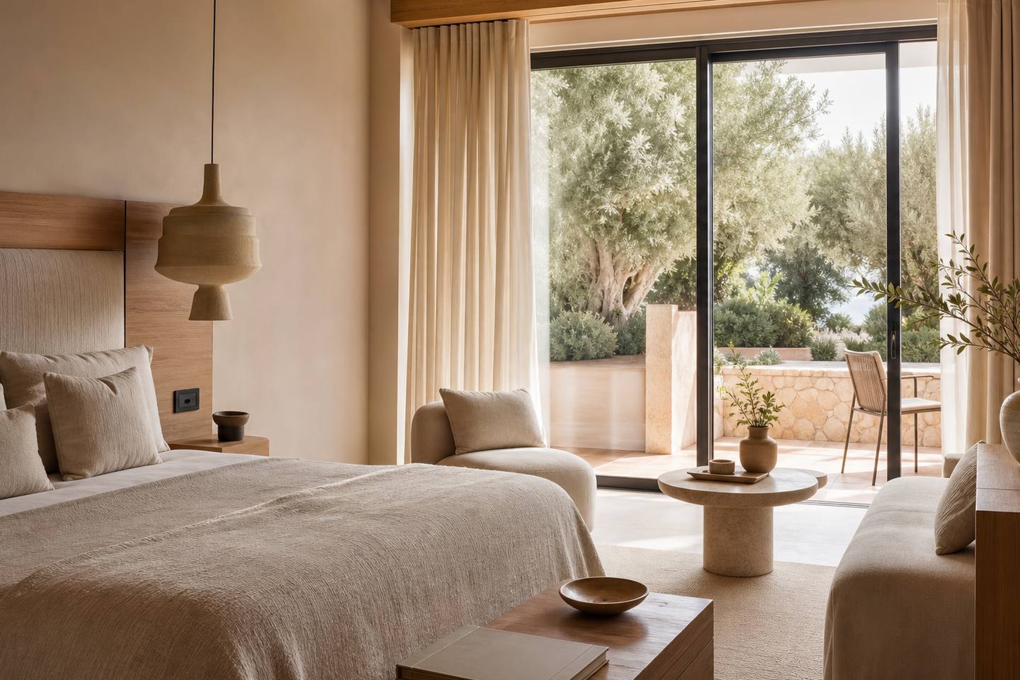 KI-generiertes redaktionelles Stimmungsbild eines mediterranen Hotelzimmers für den Hotelcheck des BONSOL in Cas Català-Illetes