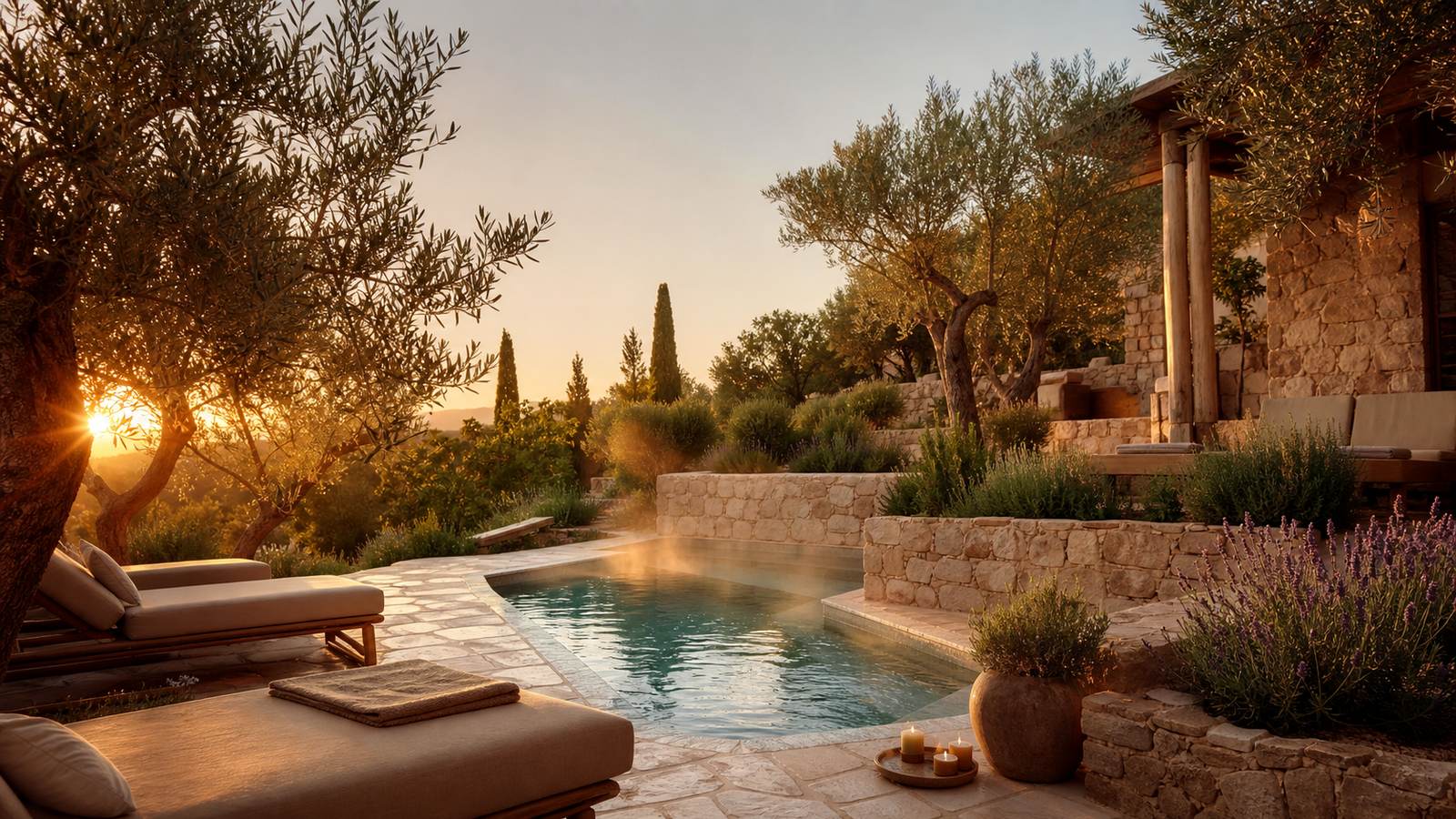 KI-generiertes Mallorca-Stimmungsbild eines mediterranen Hotel-Außenbereichs für den Hotelcheck des BOUTIQUE ESPAÑA in Llucmajor