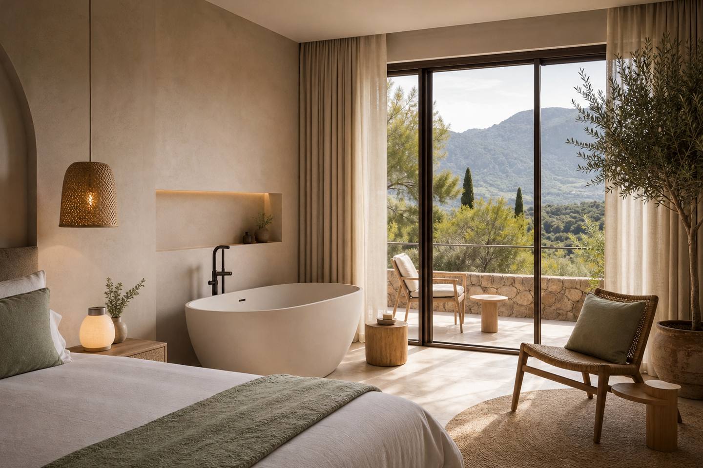 KI-generiertes redaktionelles Stimmungsbild eines mediterranen Hotelzimmers für den Hotelcheck des BOUTIQUE ESPAÑA in Llucmajor