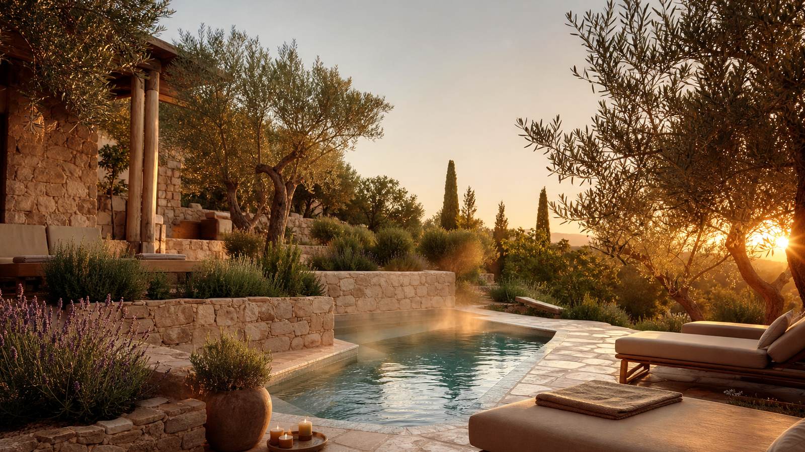 KI-generiertes Mallorca-Stimmungsbild eines mediterranen Hotel-Außenbereichs für den Hotelcheck des Boutique Hotel & Spa Forum Alcudia in Alcúdia