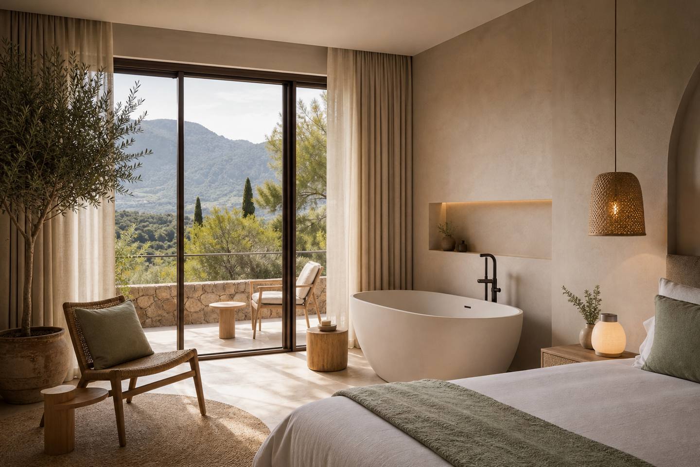 KI-generiertes redaktionelles Stimmungsbild eines mediterranen Hotelzimmers für den Hotelcheck des Boutique Hotel & Spa Forum Alcudia in Alcúdia