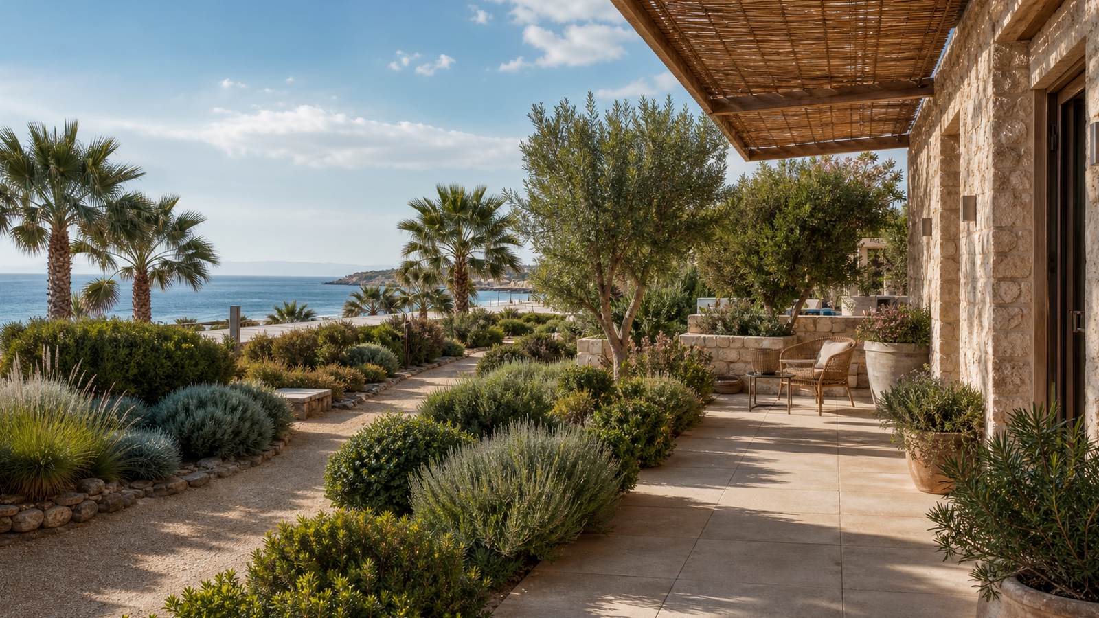 KI-generiertes Mallorca-Stimmungsbild eines mediterranen Hotel-Außenbereichs für den Hotelcheck des BQ ALCUDIA SUN VILLAGE in Platja De Muro
