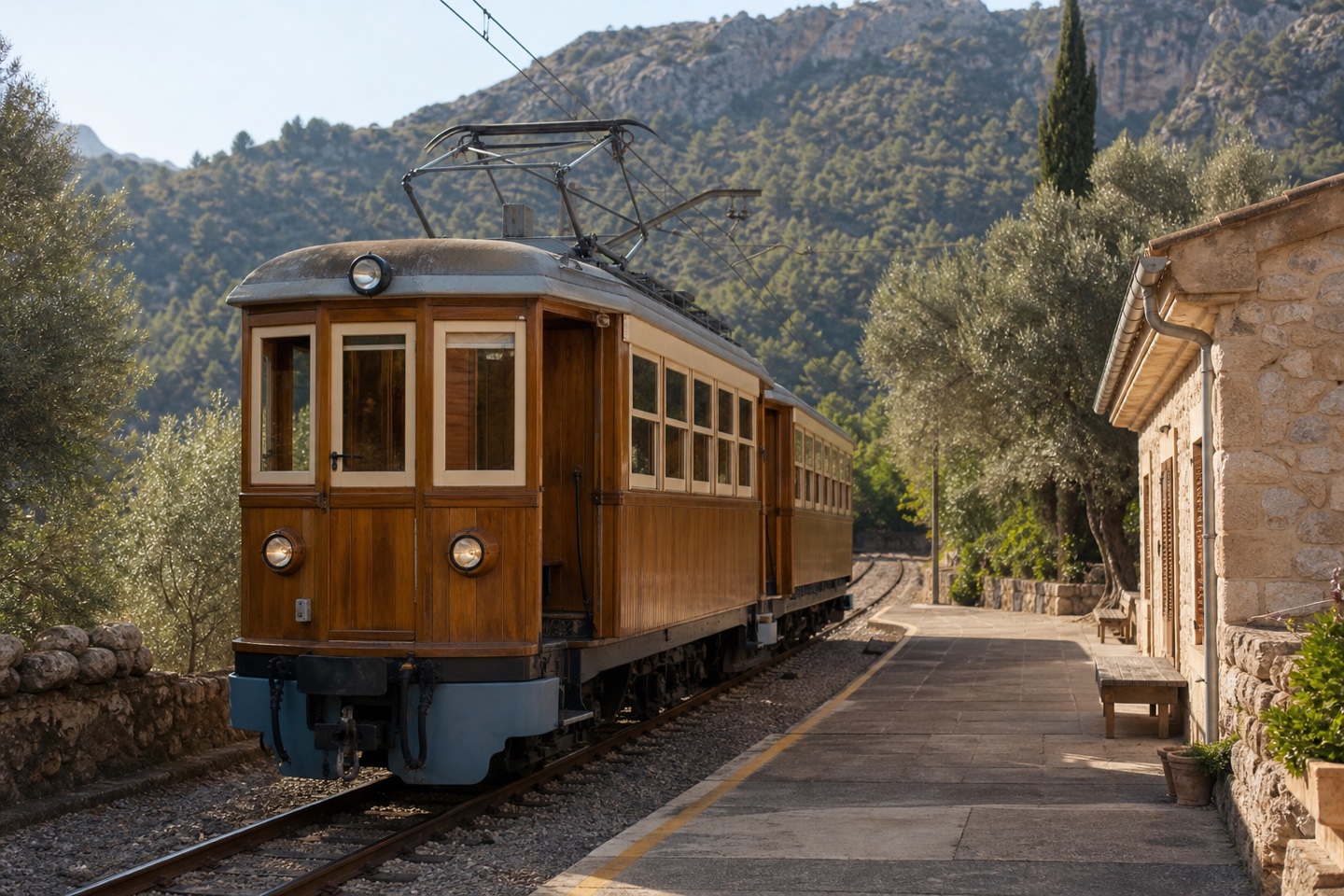 KI-generiertes Stimmungsbild einer historischen Holzeisenbahn an einer kleinen Station bei Bunyola