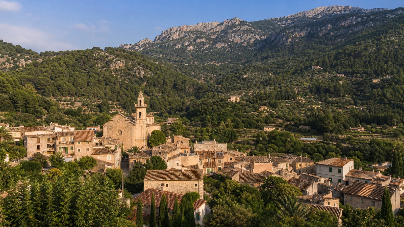 KI-generiertes Stimmungsbild von Bunyola mit Natursteinhäusern, Kirche und bewaldeten Tramuntana-Bergen