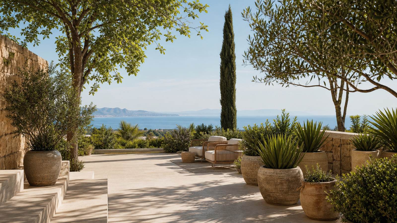 KI-generiertes Mallorca-Stimmungsbild eines mediterranen Hotel-Außenbereichs für den Hotelcheck des CA N´AÍ in Sóller