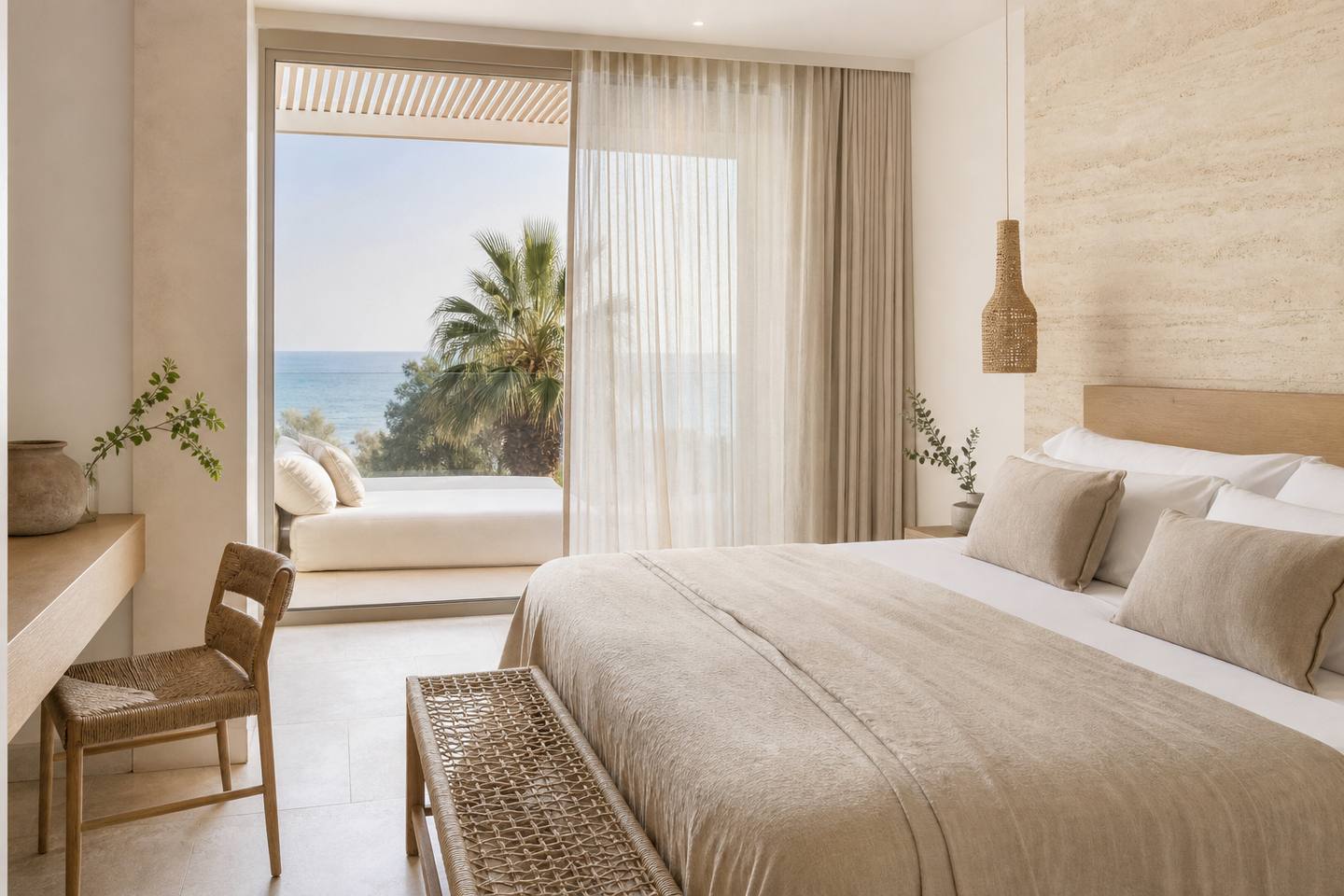KI-generiertes redaktionelles Stimmungsbild eines mediterranen Hotelzimmers für den Hotelcheck des CA N´AÍ in Sóller