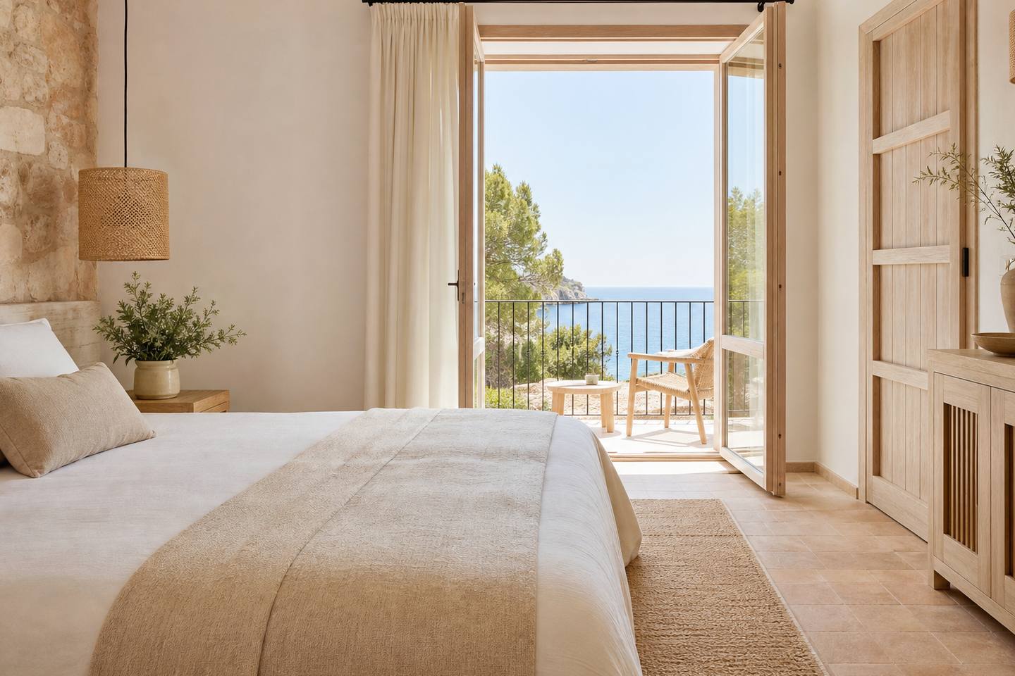 KI-generiertes redaktionelles Stimmungsbild eines mediterranen Hotelzimmers für den Hotelcheck des Cabot Cala Ferrera in Cala Ferrera