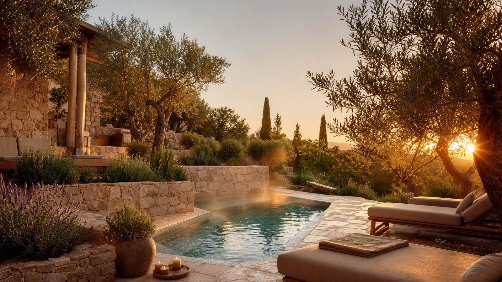 KI-generiertes Mallorca-Stimmungsbild eines mediterranen Hotel-Außenbereichs für den Hotelcheck des Cabot Cap de Mar SPA in Cala Bona