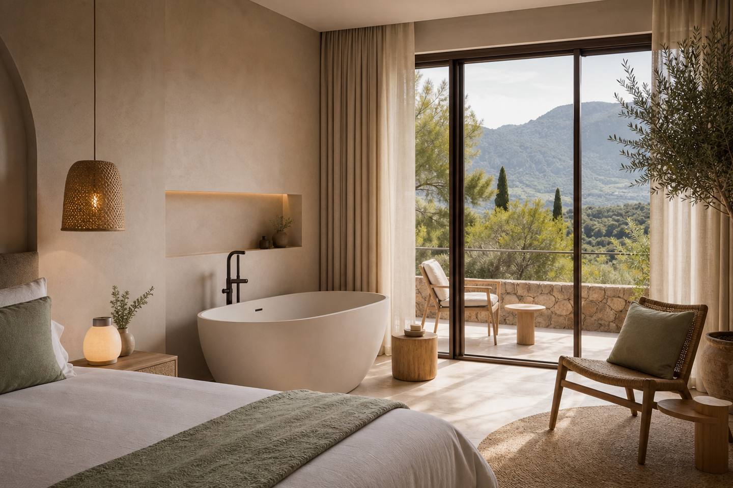 KI-generiertes redaktionelles Stimmungsbild eines mediterranen Hotelzimmers für den Hotelcheck des Cabot Cap de Mar SPA in Cala Bona