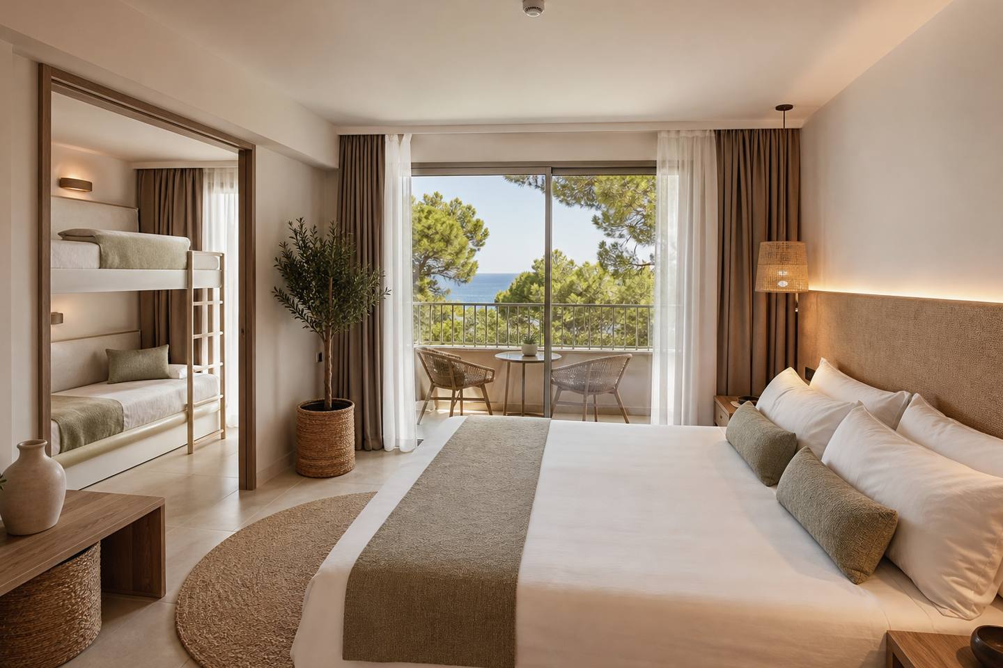 KI-generiertes redaktionelles Stimmungsbild eines mediterranen Hotelzimmers für den Hotelcheck des Cabot Club Torreblanca in Coma (La)