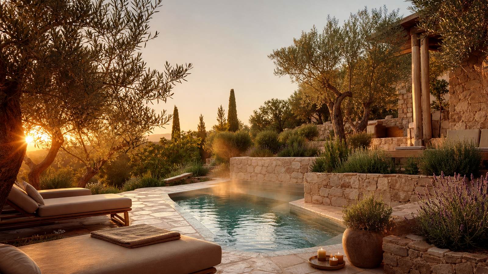 KI-generiertes Mallorca-Stimmungsbild eines mediterranen Hotel-Außenbereichs für den Hotelcheck des CAL BISBE in Sóller