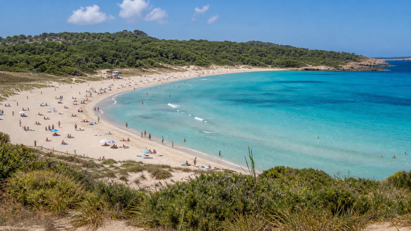 KI-generiertes Stimmungsbild der breiten Cala Agulla mit hellem Sand, türkisfarbenem Wasser und dichtem Pinienwald