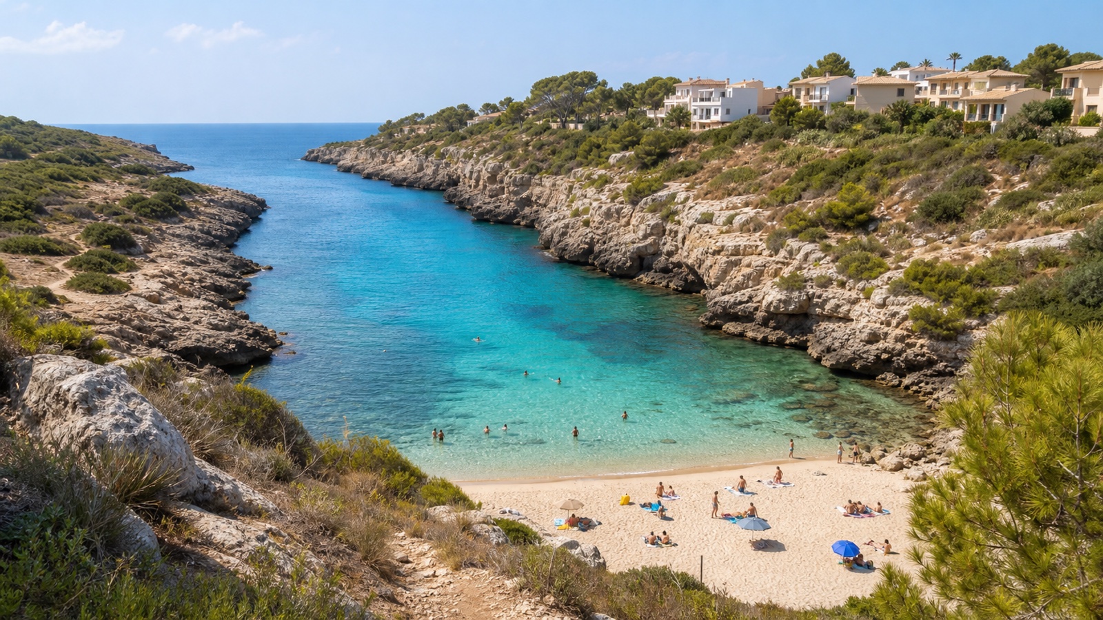 KI-generiertes Stimmungsbild der schmalen Sandbucht Cala Antena zwischen niedrigen Kalkfelsen und zurückhaltender Ferienbebauung