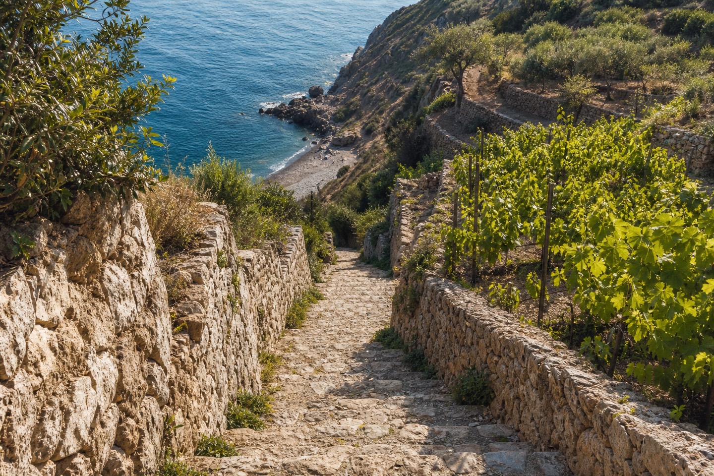 KI-generiertes Stimmungsbild eines steilen Treppenwegs durch Terrassen mit Malvasia-Reben hinab zur Cala Banyalbufar