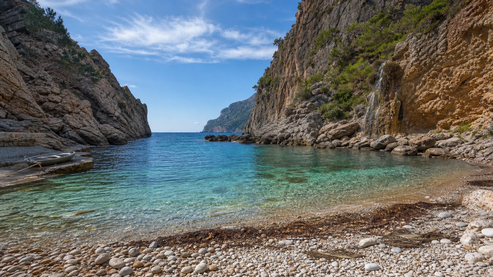 KI-generiertes Stimmungsbild der Cala Banyalbufar mit Kieselstrand, Posidonia, klarem Wasser, Felswänden und kleinem Wasserfall