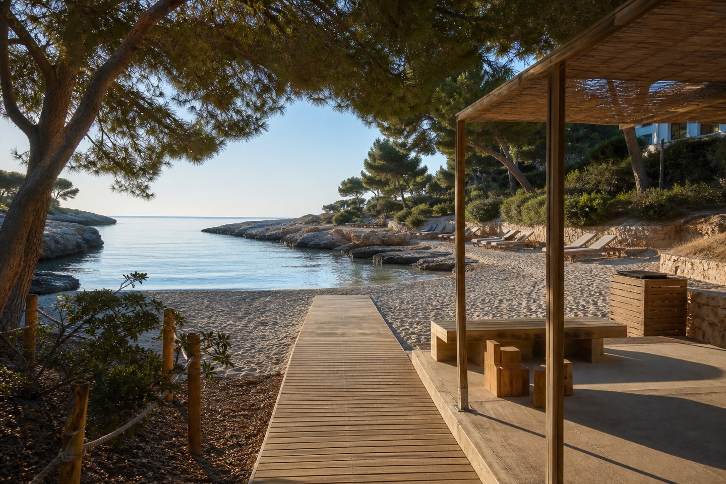 KI-generiertes Stimmungsbild eines Holzstegs mit Schattenbereich an einer kleinen kieferngesäumten Sandbucht nach dem Vorbild der Cala Bendinat