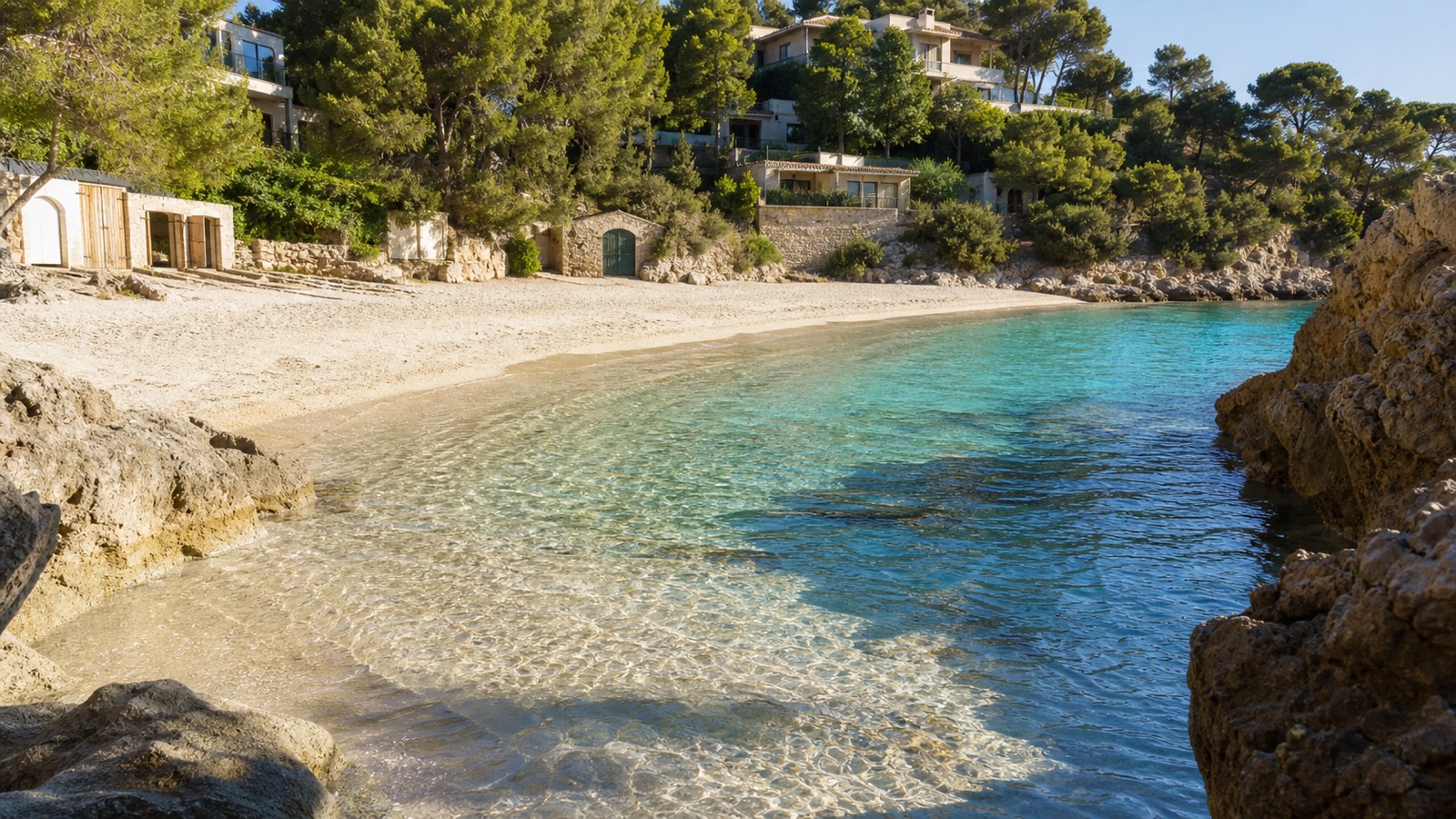 KI-generiertes Stimmungsbild der Cala Bendinat mit kleinem Sandstrand, klarem Wasser, Kiefern, niedrigen Felsen und Fischerhäusern